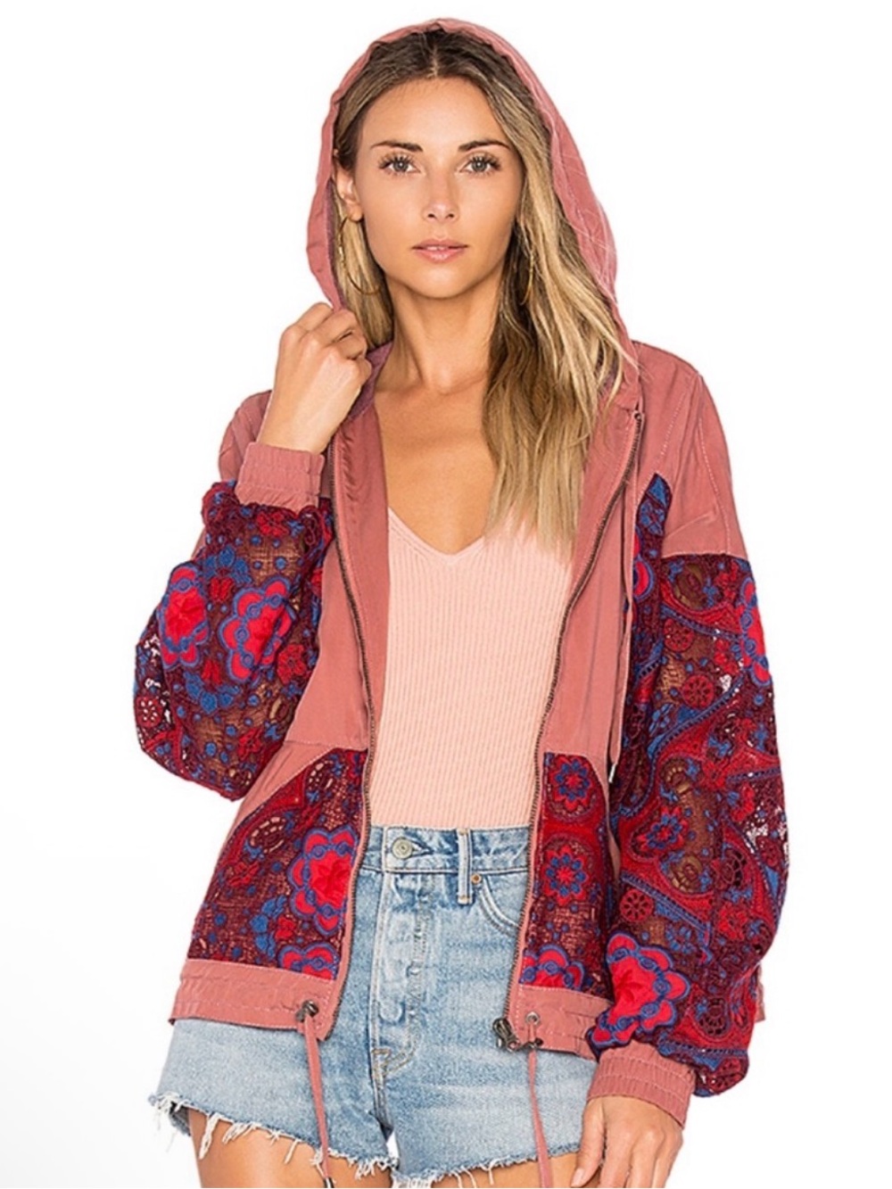 Free People Magpie Lace Oversized Dusty Rose Hooded Jacket Size XS
